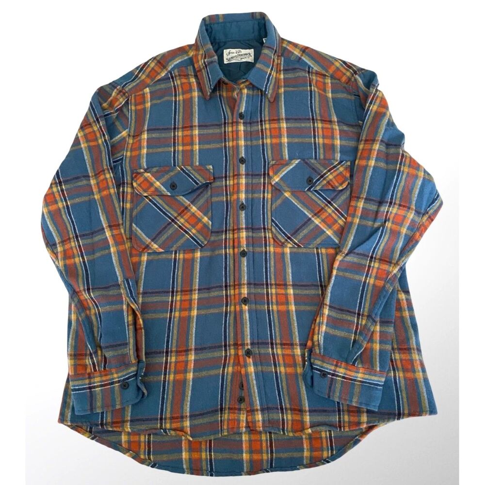 VTG Sears Roebuck Plaid Wool Flannel Shirt L Blue Orange Lined Collar 70s 80s